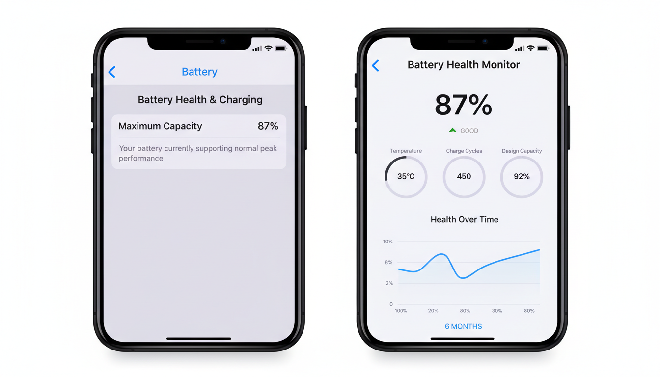 Comparison of iPhone Settings battery health screen vs Battery Health Monitor app dashboard