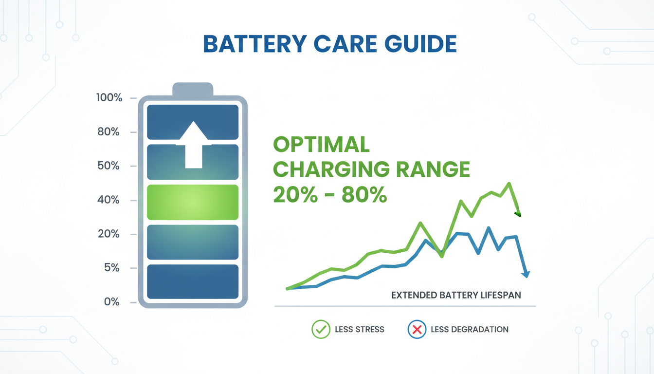 Infographic showing optimal battery charging range 20% to 80%